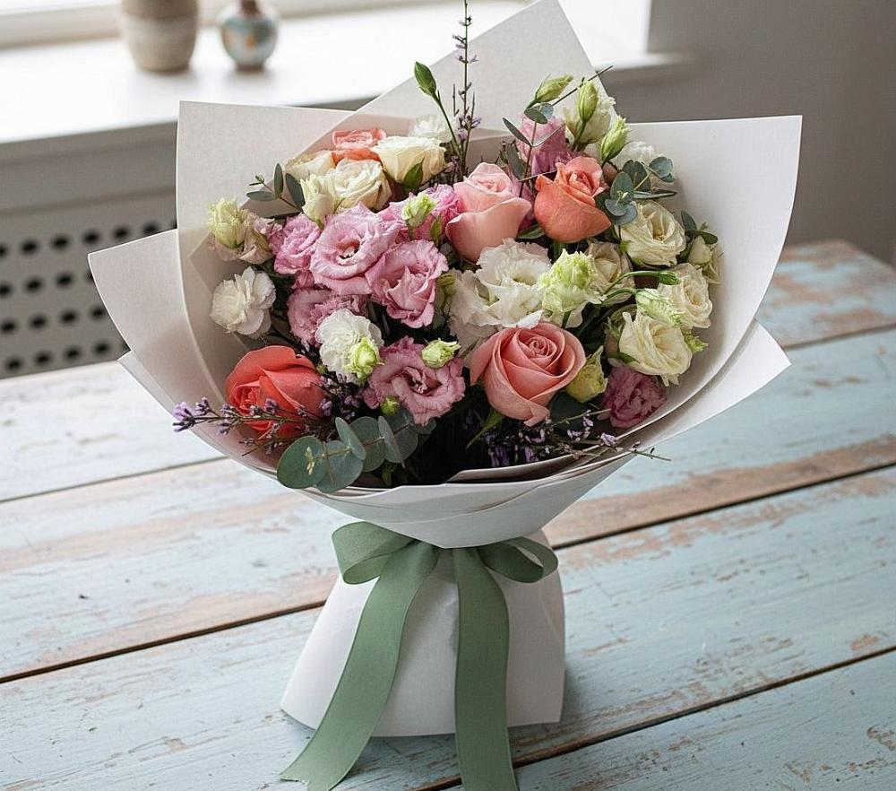 Букет цветов из: Розы, Лизиантусы и Гвоздики в Ермаковской