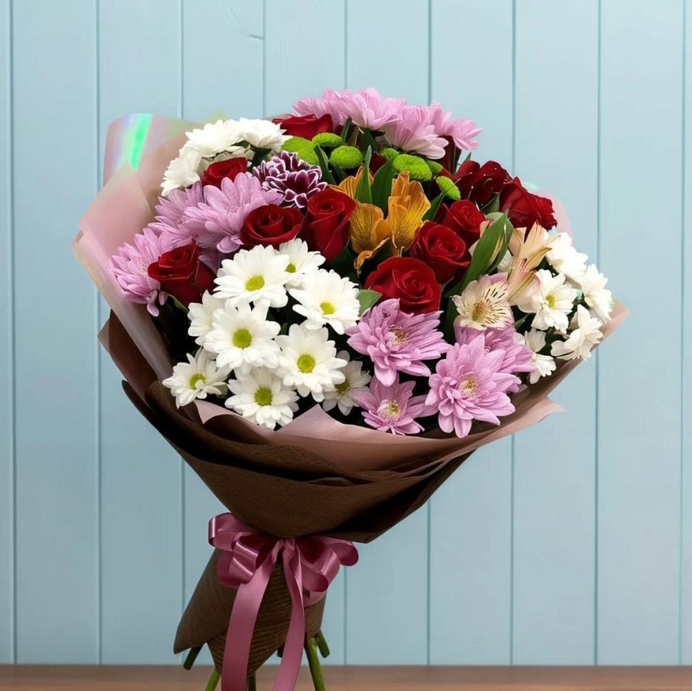 Букет цветов из: Розы, Хризантемы и Альстромерии в Ермаковской